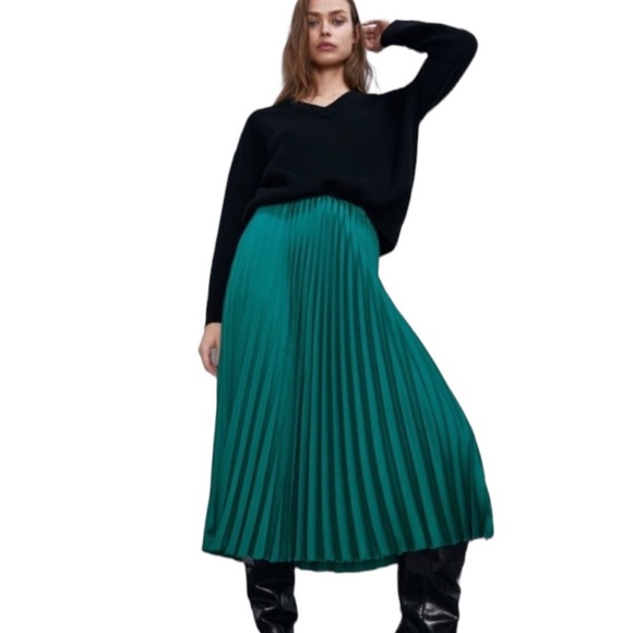 Zara Skirts Zara Green Satin Pleated Midi Skirt Poshmark